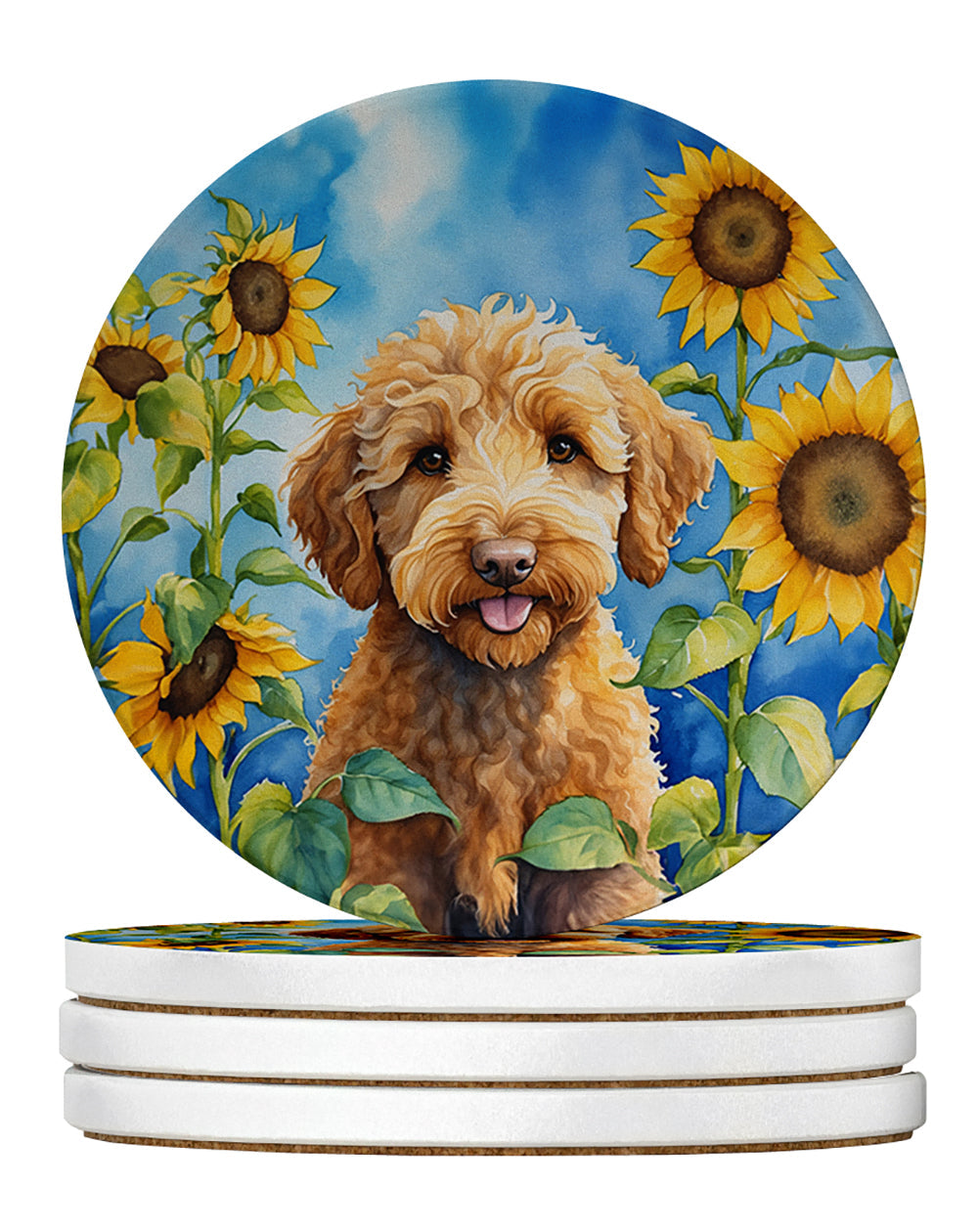 Labradoodle in Sunflowers Large Sandstone Coasters Pack of 4