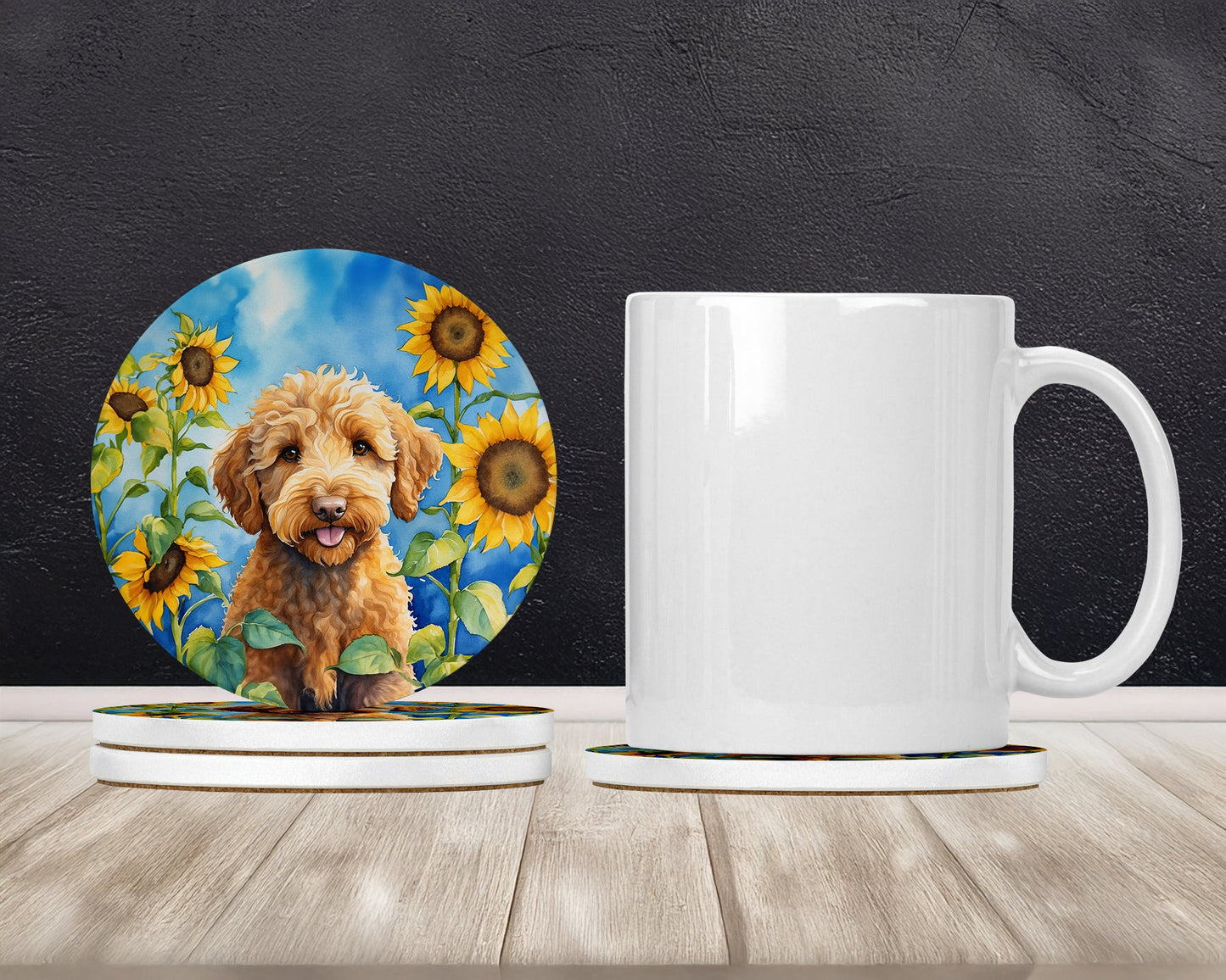 Labradoodle in Sunflowers Large Sandstone Coasters Pack of 4