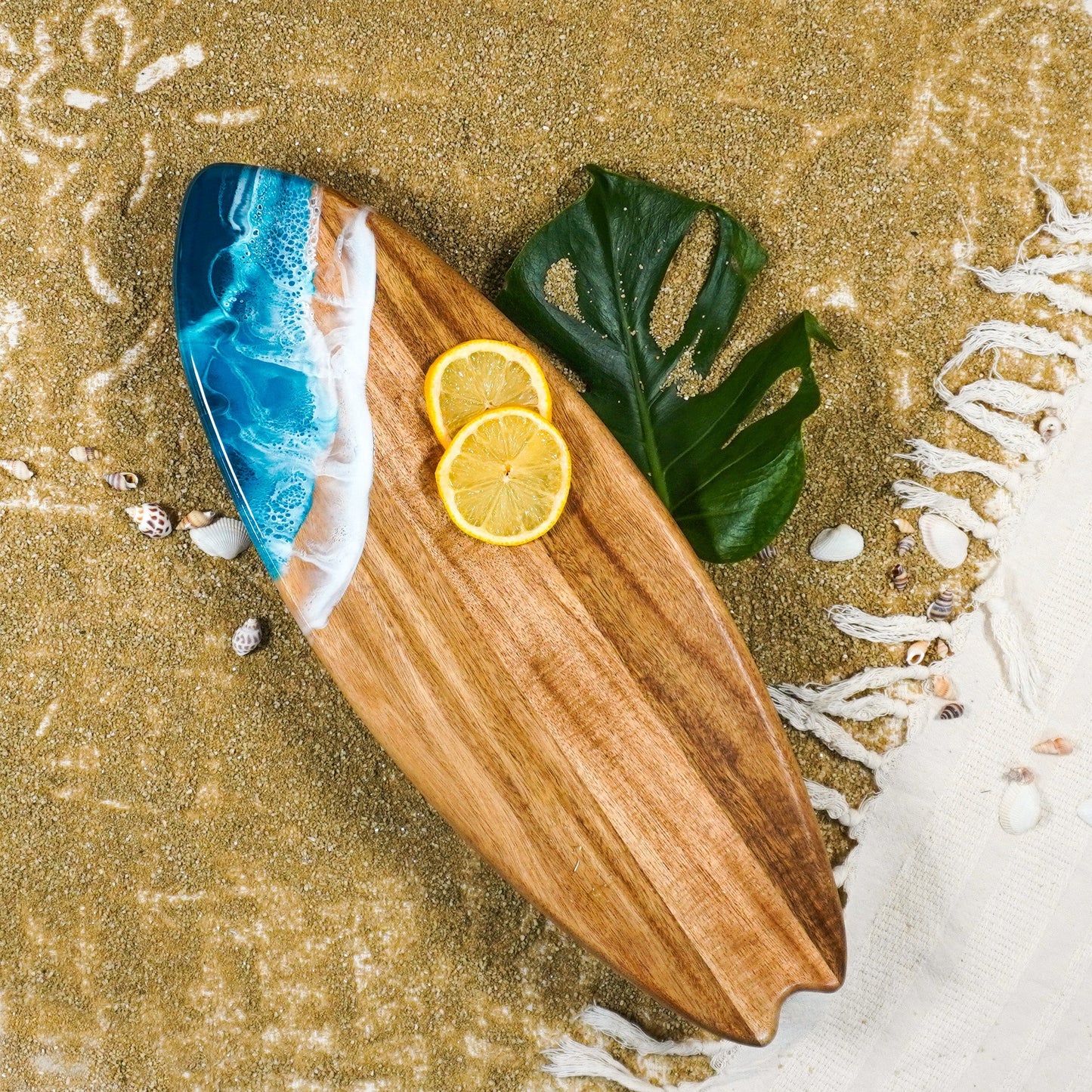 Resin-Accented Surfboard Shaped Charcuterie Boards
