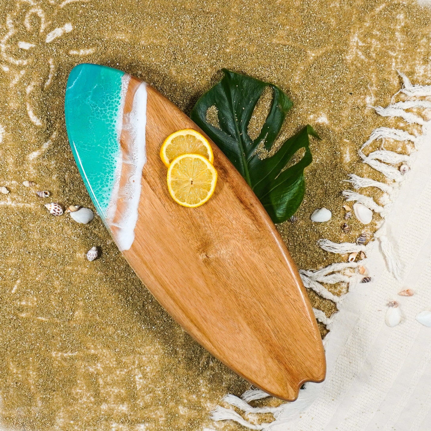 Resin-Accented Surfboard Shaped Charcuterie Boards